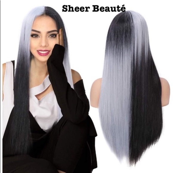 24''Long Straight Ombre Half White Half Black Wig